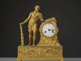 une image représentant une horloge en or et un homme tenant une canne
