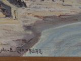 a painting of a seagull sitting on a post on the beach