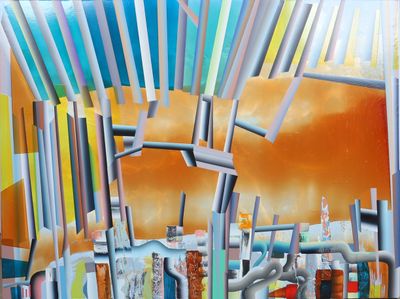 a painting of a view of a city from a window