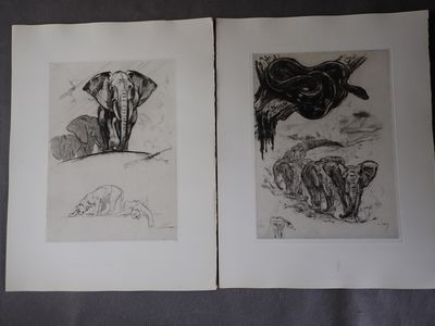 deux dessins en noir et blanc représentant des éléphants et un chien sur un lit