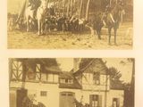 two black and white pictures of people on horses and dogs
