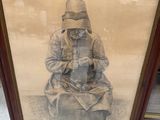 painting of a woman sitting on the ground with a hat on her head
