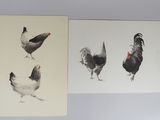 Deux tableaux représentant des poules et des coqs sont accrochés au mur.