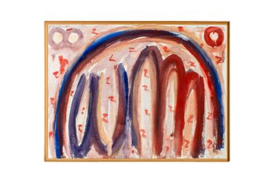 peinture représentant une œuvre abstraite aux couleurs vives, dans les tons de rouge, de violet et de bleu