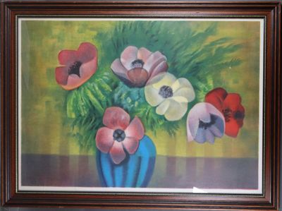 a painting of flowers in a blue vase on a table