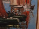 a painting of boats on the water with red sails