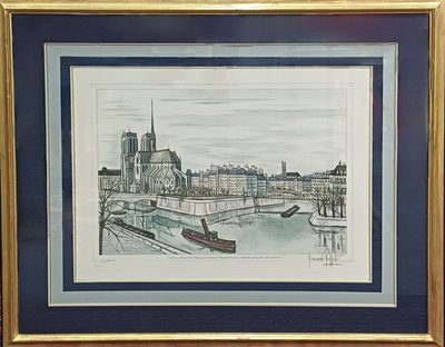 dessin représentant un bateau sur une rivière, avec un pont en arrière-plan