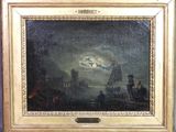 une peinture à l'huile représentant un bateau dans un port, avec la lune dans le ciel