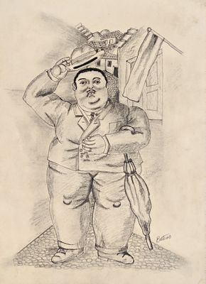 pencil drawing of a man holding an umbrella and a hat