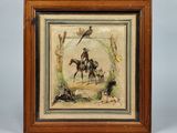 tableau représentant un homme à cheval, accompagné d'un chien et d'oiseaux