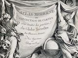 an old engraving of a banner with a picture of a man holding a globe in front of it