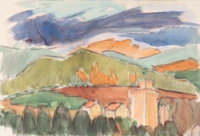 une aquarelle représentant une maison à la montagne