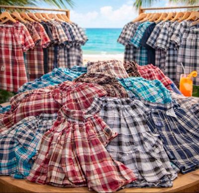 plusieurs t-shirts posés sur une table, avec une plage en arrière-plan