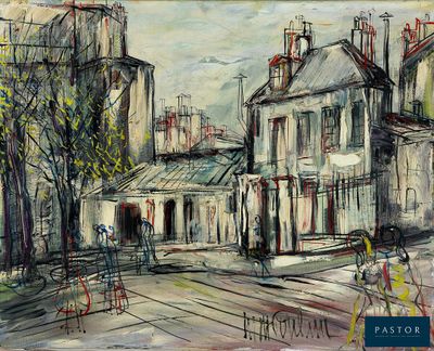 tableau représentant une scène de rue avec des bâtiments et une femme marchant dans la rue