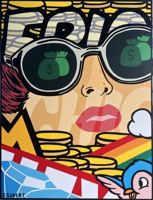 a painting of a woman with sunglasses and money on her face