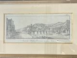 drawing of a view of a river with a castle in the background
