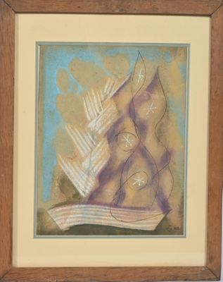 painting of a sailboat on a beach with palm trees in the background