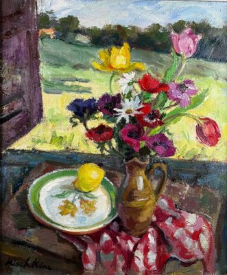 a painting of a vase of flowers and a plate of food on a table