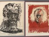 deux reproductions encadrées représentant une femme et un homme sur fond rouge