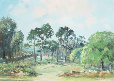 une peinture d'un chemin de terre avec des arbres en arrière-plan