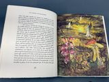 an open book with a picture of a fairy sitting on a mushroom