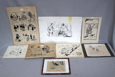 several framed and unframed drawings of people and animals on a table