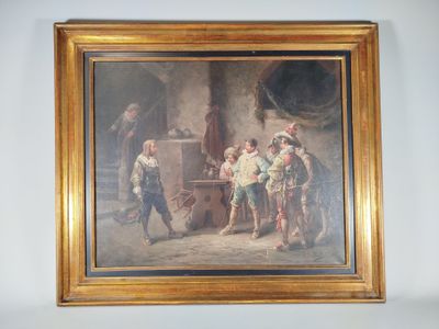 tableau encadré représentant un groupe d'hommes en train de jouer à un jeu