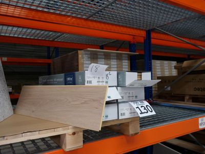 a shelf with boxes and boxes on it in a warehouse