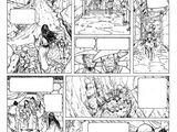une page de bande dessinée comportant une illustration en noir et blanc représentant un groupe de personnes