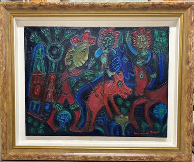 tableau représentant un homme à cheval, avec un chien devant lui