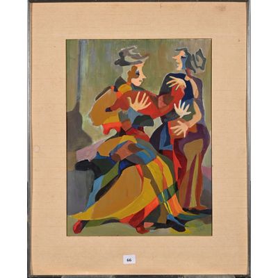 un tableau représentant deux femmes assises sur une chaise devant un miroir