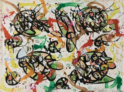 abstract painting of various colors and shapes on a piece of paper
