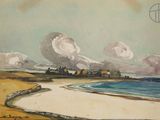 painting of a view of a beach with a house in the distance