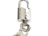 an image of a metal padlock with a key on a white background