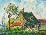 une peinture à l'huile représentant une maison dans un champ, avec un arbre au premier plan