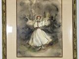 painting of a woman in a white dress holding a bird in her right hand