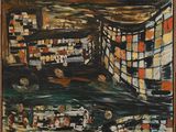 une peinture à l'huile d'un paysage urbain avec des bâtiments à l'arrière-plan