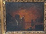 an image of a painting of a castle with a fire coming out of it