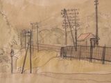 sketches of a drawing of a street with a fence and telephone poles