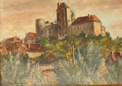 une peinture à l'huile représentant un château sur une colline avec des arbres au premier plan