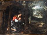 an image of a painting of a man kneeling in the woods