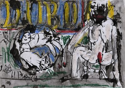 drawing of a man and woman sitting on a bench in front of a sign