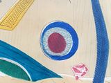 a picture of a drawing of a blue and red object on a white surface