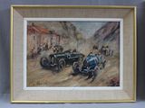 painting of two racing cars on a dirt road in front of a building