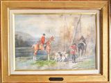 painting of a man on a horse with a group of dogs