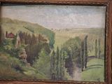 painting of a landscape with trees and a house in the distance
