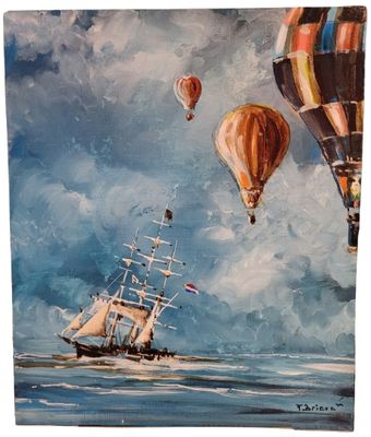 an oil painting of a ship in the ocean with hot air balloons in the sky