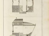 an old drawing of a carriage with a canopy and a wagon with a wheel