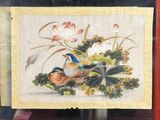 framed picture of two birds and lotus flowers in a wood frame