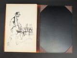 an open book with a drawing of a man on a horse